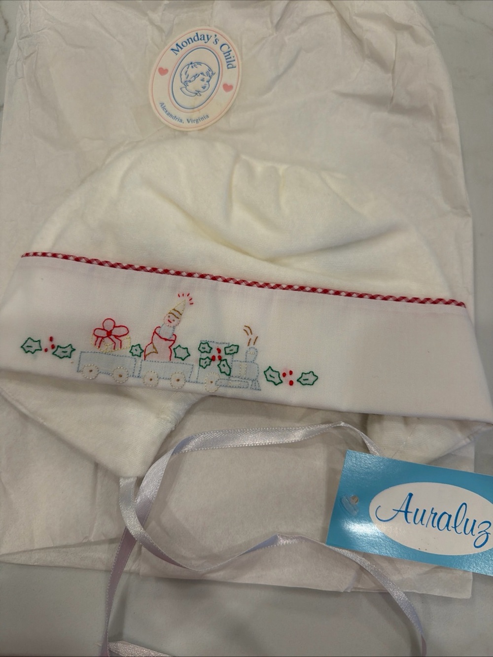 Auraluz White Holiday Train Embroidered Baby Hat